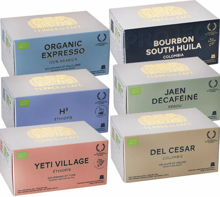 Pack Découverte 60 Capsules Compostables Compatibles Nespresso®- TERRES DE CAFE 3 Pack Découverte 60 Capsules Compostables Compatibles Nespresso®- TERRES DE CAFE